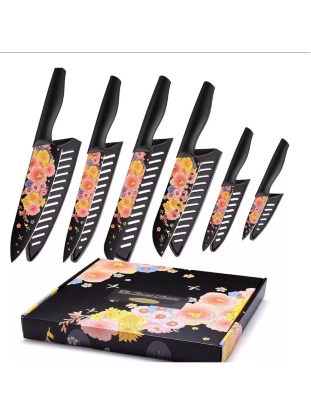 Marco Almond Knife Set Black Floral Designer Knives 6 Piece Stainless Steel NEW